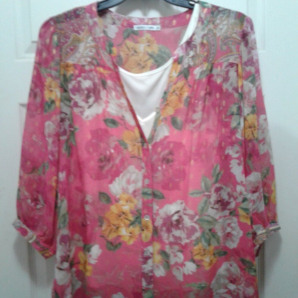 Figueroa & Flower 2X 2pc Cream Tank w/ Floral Overshirt 3/4 Sleeve